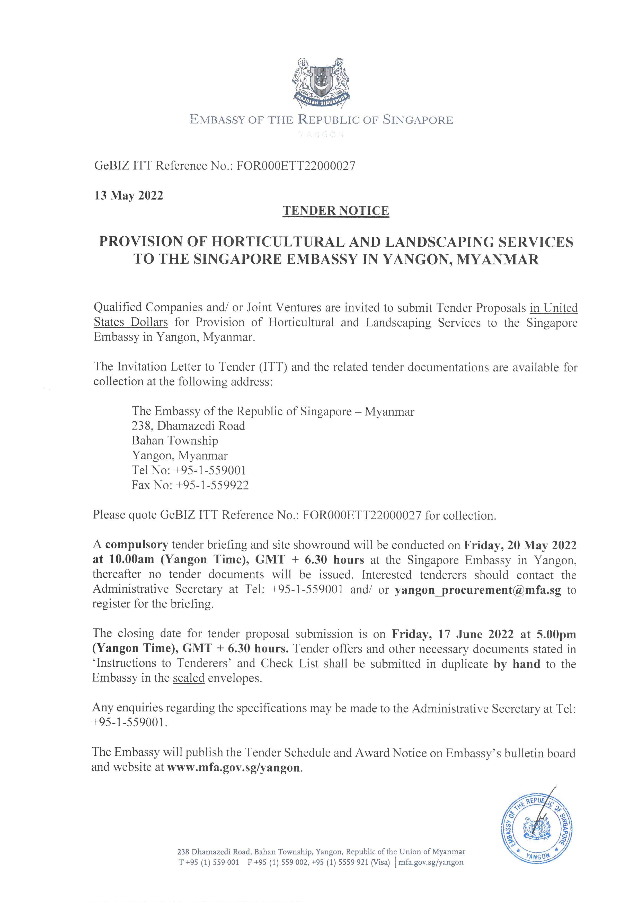 Singapore Embassy in Yangon: Tender notice for horticultural and landscaping services. Embassy crest shown.